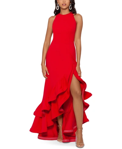 BETSY & ADAM PETITE RUFFLED HIGH-LOW GOWN