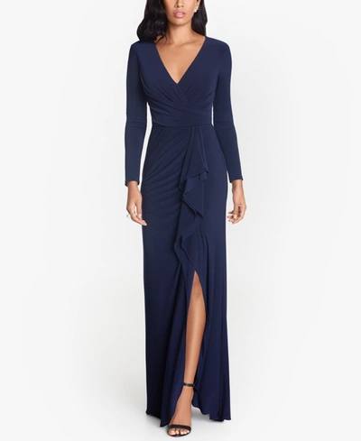 Betsy & Adam Petite High-slit Evening Gown In Navy Blue