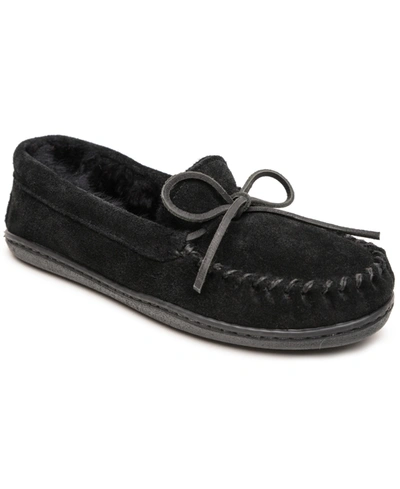Minnetonka Women's Sheepskin Hardsole Moccasin Slippers Women's Shoes In Black