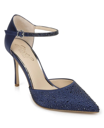 Jewel Badgley Mischka Jailene Womens Satin Rhinestone Pointed Toe Heels In Navy Satin
