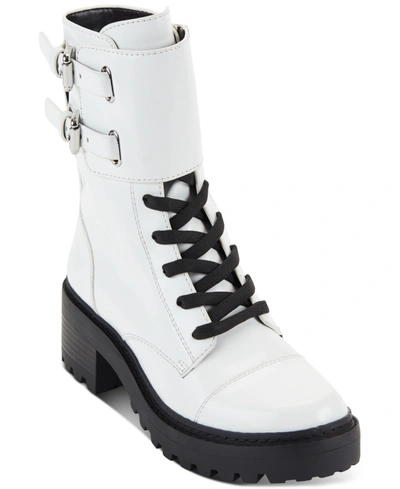 Dkny Women's Bart Lace-up Buckled Lug Sole Booties In White