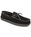 Minnetonka Pile Lined Hardsole Mens Faux Suede Bow Moccasin Slippers In Black