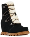 Sorel Joan Of Arctic Iii Genuine Shearling Trim Waterproof Wedge Boot In Black/sea Salt