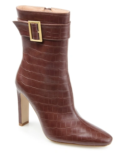 Journee Collection Elaine Croc Embossed Comfort Foam Bootie In Brown
