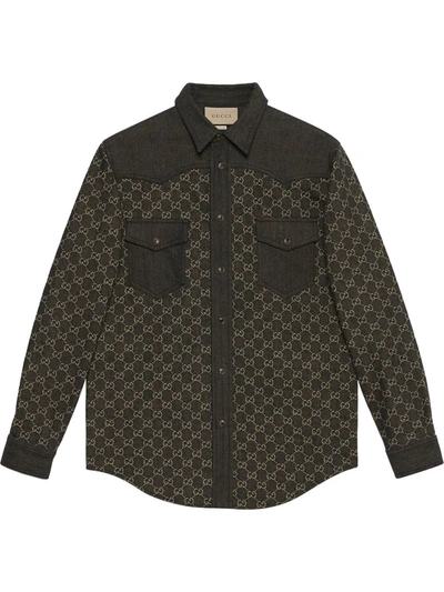 Gucci Gg-logo Jacquard Denim Shirt In Black