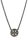 Tory Burch Pavé Logo Pendant Necklace In Hematite / Crystal