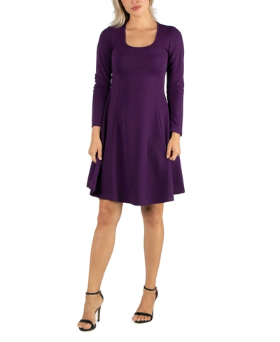 24seven Comfort Apparel Women's Simple Long Sleeve Knee Length Flared Dress In Purple