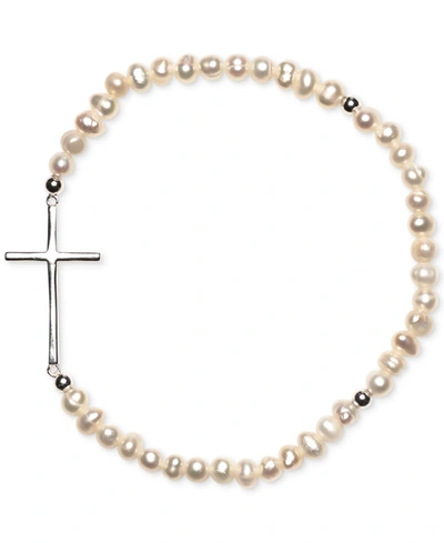 Macy's Cultured Freshwater Pearl (3-4mm) East-west Cross Stretch Bracelet In Sterling Silver