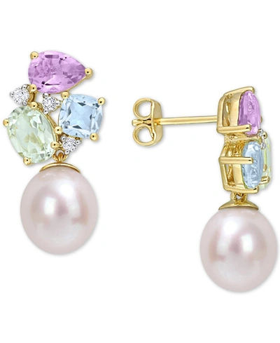 Macy's Cultured Freshwater Pearl (9mm) & Multi-gemstone (4-3/4 Ct. T.w.) Drop Earrings In 18k Gold-plated S In Gold Over Silver