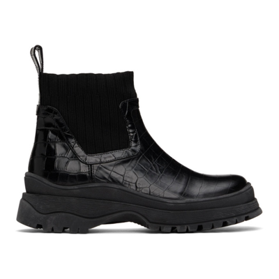 Staud Bow Croc-embossed Leather Ankle Boots In Black Faux Croc