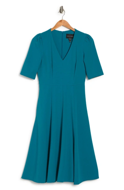 Donna Morgan V-neck Fit & Flare Dress In Midnight Teal