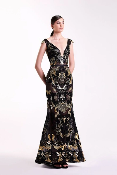 Edward Arsouni Black And Gold Lace Gown