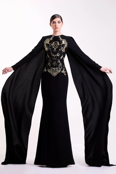 Edward Arsouni Black Long Sleeve Cape Gown