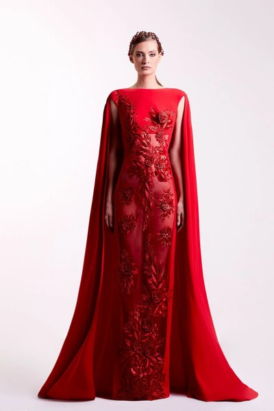 Edward Arsouni Crepe Red Cape Gown