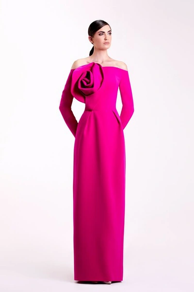 Edward Arsouni Off The Shoulder Fuchsia Gown