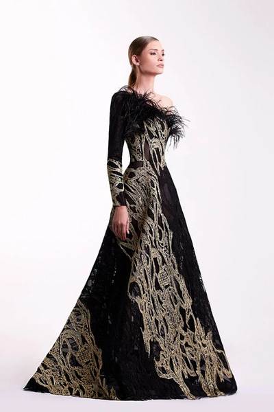 Edward Arsouni One Shoulder Feather Gown