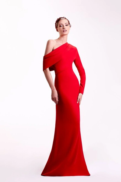 Edward Arsouni Red Crepe Cape Gown