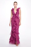 MARCHESA RUFFLE GOWN WITH SLIT,MC22SG36817-0