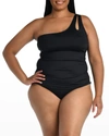 La Blanca Plus Size Island Goddess One Shoulder Keyhole Tankini Top Bottoms In Black