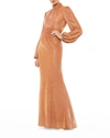 Mac Duggal Draped Glitter Fabric High Neck Puff Sleeve Trumpe Dress In Rust