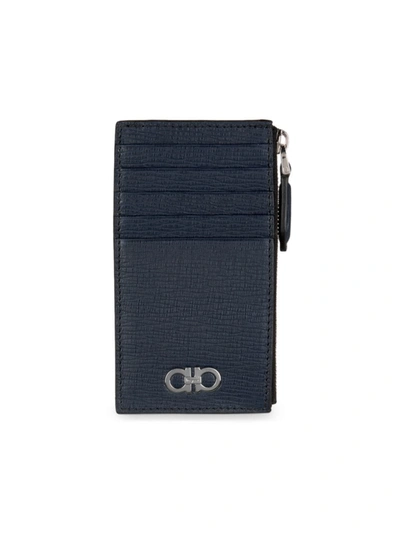Ferragamo Revival Double Gancio Bicolor Zip Card Case In Deep Ocean Nero