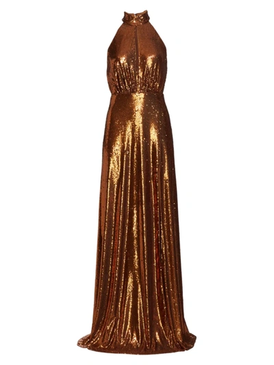 Halston Brinley Gathered Sequined Woven Jersey Gown In Copper