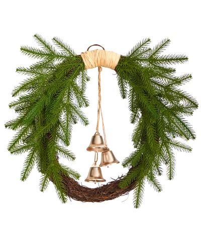 Nearly Natural Holiday Christmas Pine And Hanging Bells Wreath In Green