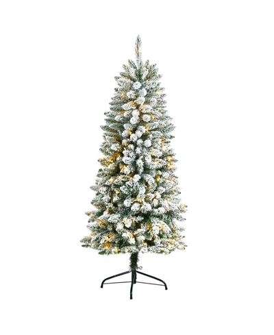 Nearly Natural Slim Flocked Montreal Fir Artificial Christmas Tree With 150 Warm Led Lights And 491 Bendable Branch In Green