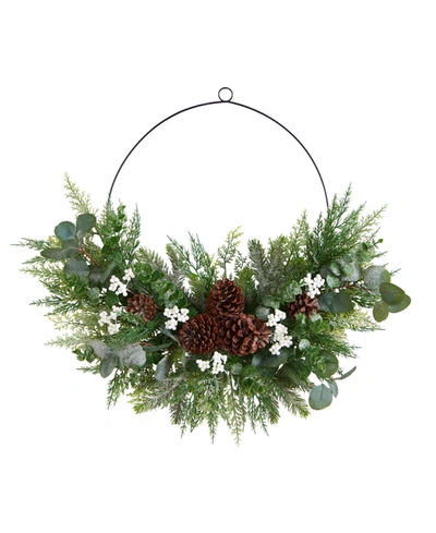 Nearly Natural Christmas Pine, Eucalyptus, And Berries Metal Circlet Artificial Wreath, 28" In Green