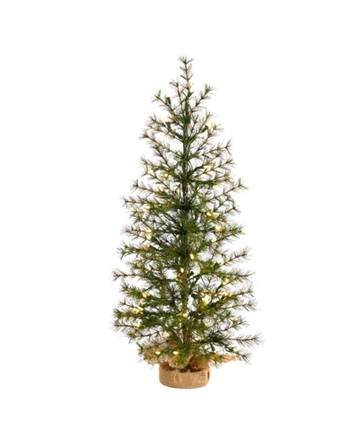Nearly Natural Artificial Christmas Tree With 50 Clear Led Lights Set In A Burlap Base, 3' In Green
