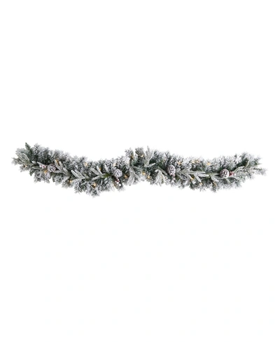 Nearly Natural Flocked Artificial Christmas Garland With Pine Cones And 35 Warm Led Lights, 6' In Green