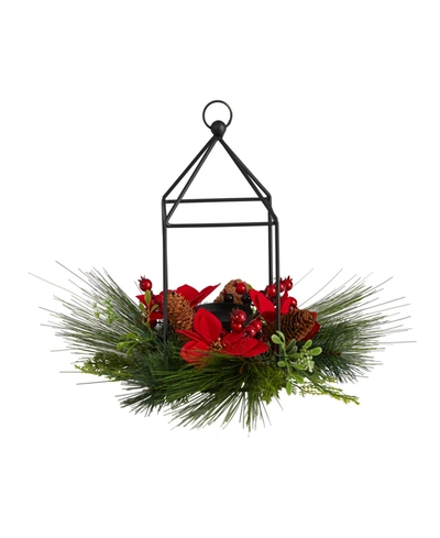 Nearly Natural Christmas Poinsettia, Berry And Pinecone Metal Candle Holder Christmas Artificial Table Arrangement, In Green