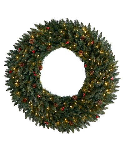 Nearly Natural Large Flocked Artificial Christmas Wreath With Pinecones, Berries, 150 Clear Led Lights And 400 Bend In Green
