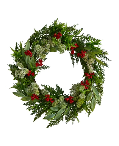 Nearly Natural Cedar, Eucalyptus And Berries Artificial Christmas Wreath, 24" In Green