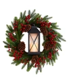 NEARLY NATURAL BERRIES AND PINE ARTIFICIAL CHRISTMAS WREATH WITH LANTERN AND INCLUDED LED CANDLE, 28"
