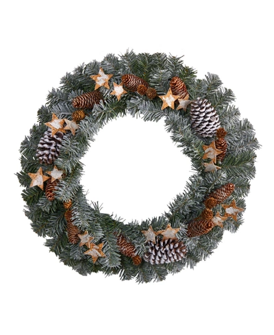 Nearly Natural Christmas Winter Frosted Stars And Pinecones Holiday Wreath, 24" In Green