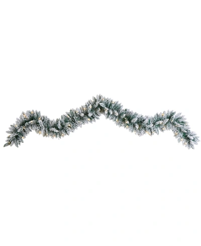 Nearly Natural Flocked Artificial Christmas Garland With 50 Warm Led Lights, 9' In Green