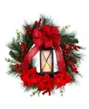 NEARLY NATURAL POINSETTIA AND BERRY HOLIDAY LANTERN CHRISTMAS WREATH WITH LED CANDLE, 28"