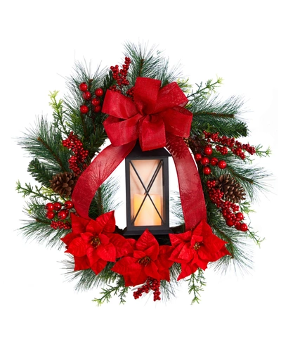 Nearly Natural Poinsettia And Berry Holiday Lantern Christmas Wreath With Led Candle, 28" In Red