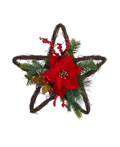 Nearly Natural Holiday Christmas Poinsettia Star Twig Wreath, 16" In Red