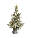 Nearly Natural Flocked Christmas Artificial Tree In Decorative Birch Bark Planter With 30 Led Lights, 24" In Green