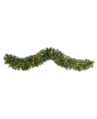 Nearly Natural Snow Tipped Christmas Artificial Garland With 35 Clear Led Lights And Pine Cones, 6' In Green