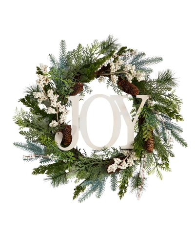 Nearly Natural Christmas Joy Greenery Holiday Artificial Wreath, 24"
