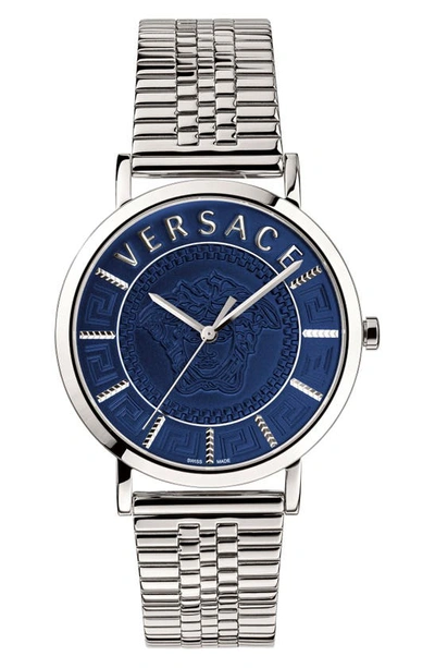 Versace V-essential Stainless Steel Bracelet Watch In Blue