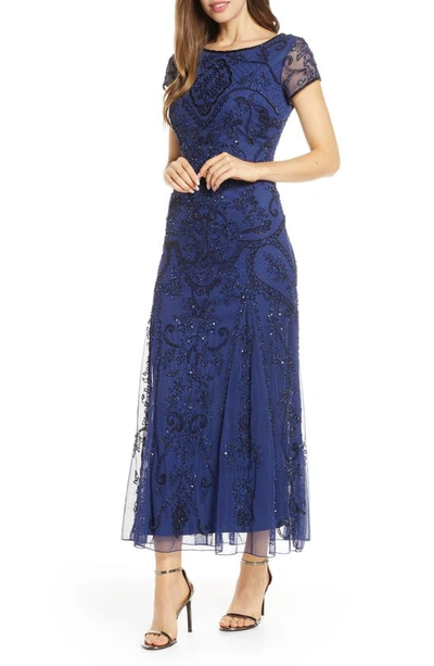 Pisarro Nights Beaded Mesh Column Gown In Royal