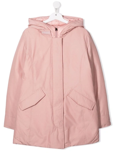 Woolrich Concealed-front Hooded Coat In Pink