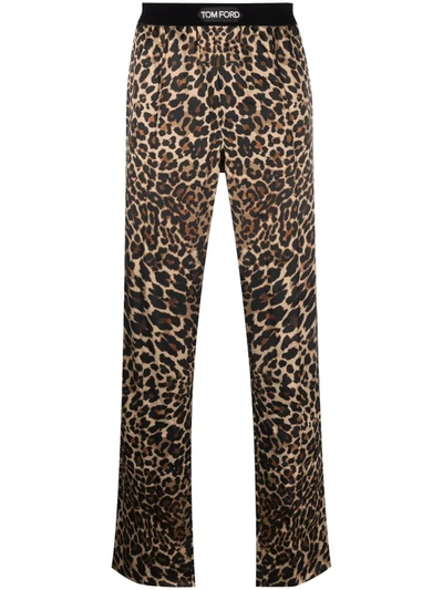Tom Ford Velvet-trimmed Leopard-print Stretch-silk Satin Pyjama Trousers In Brown/black
