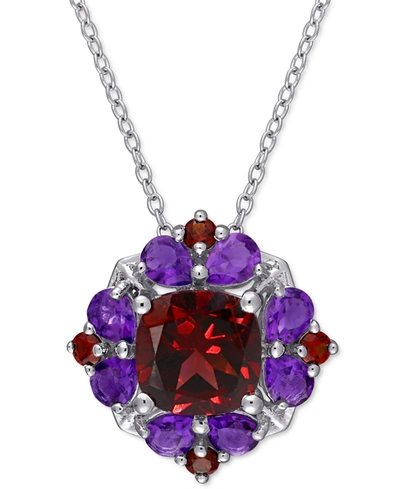 Macy's Rhodolite Garnet (3-1/4 Ct. T.w.) & Amethyst (1-1/8 Ct. T.w.) Cluster 18" Pendant Necklace In Sterli