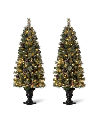 Glitzhome Pre-lit Flocked Pine Artificial Christmas Porch Tree With 130 Warm White Lights Set Of 2 In Green