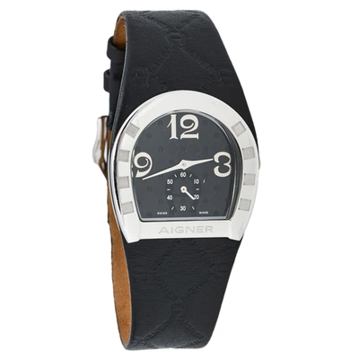 Pre-owned Aigner Black Stainless Steel Leather Capri Iii A19200 Women's Wristwatch 30 Mm